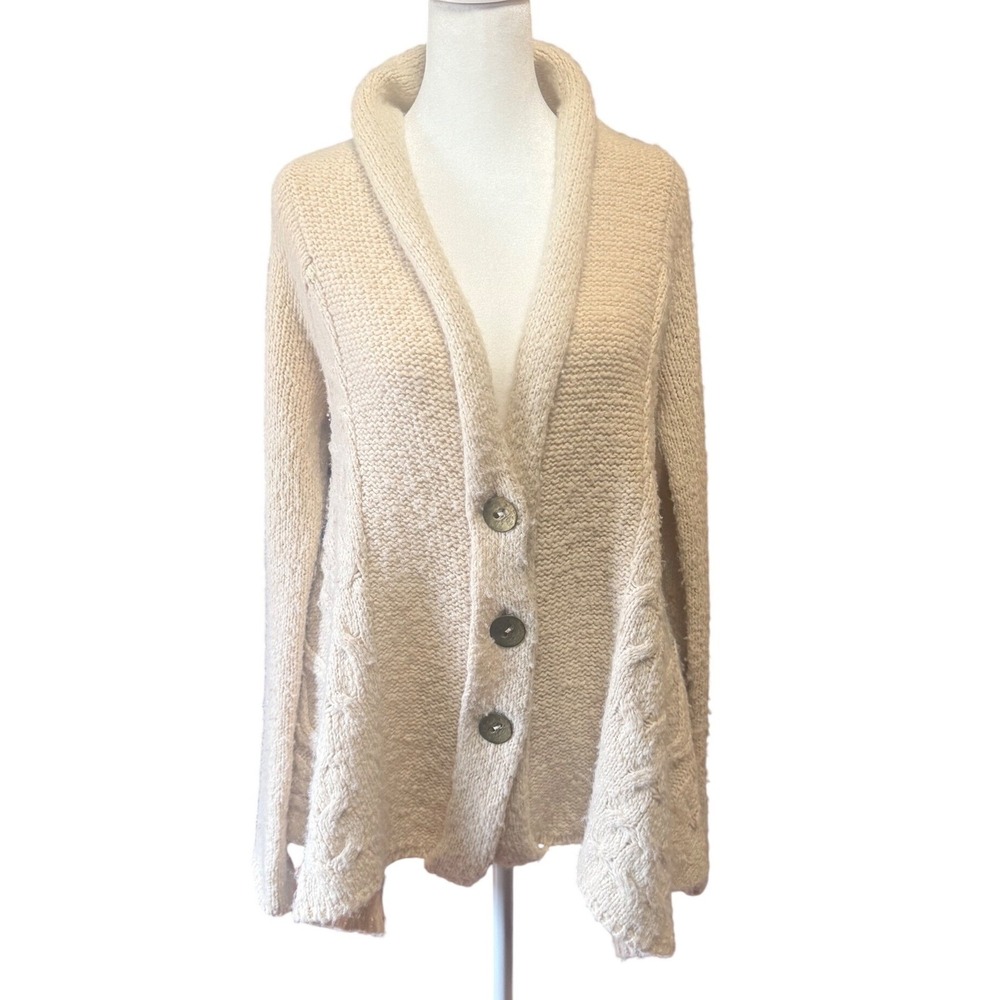 Free People Cream Cable Knit Wool Blend Shawl Collar Button Cardigan Sweater S/P